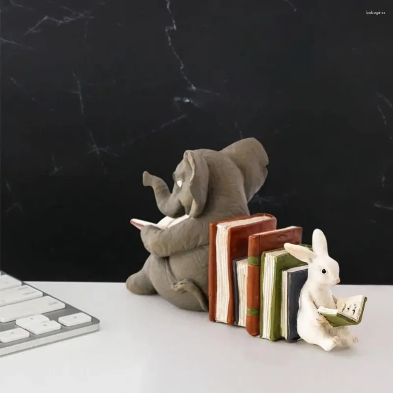 Dekorativa plattor Harts Animal Read Statue Rolig läsning/Learning Elephant Bookholder och Bookend Desk