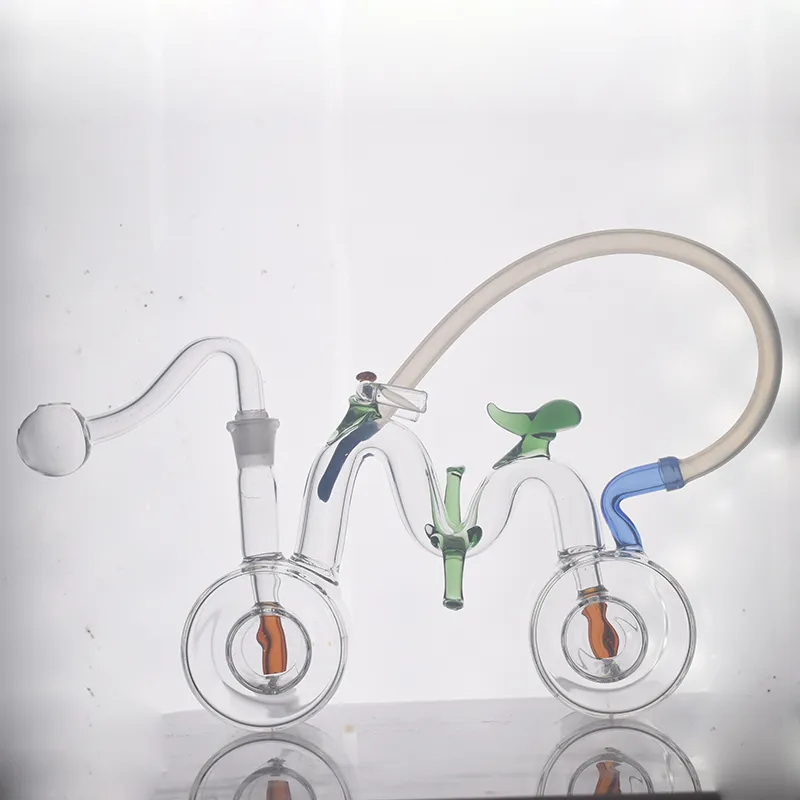 Unique Bicycle Shape Glass Oil Burner Bongs Hookahs Colored Double Matrix Perc Honeycomb Water Pipe Dab Rigs with 10mm Male Glass Oil Burner Pipe and Hose