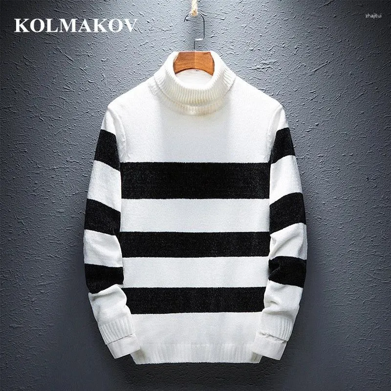 Camisolas masculinas Kolmakov 2024 roupas gola alta grossa tricô pullovers homme alta qualidade listrado homens 3xl