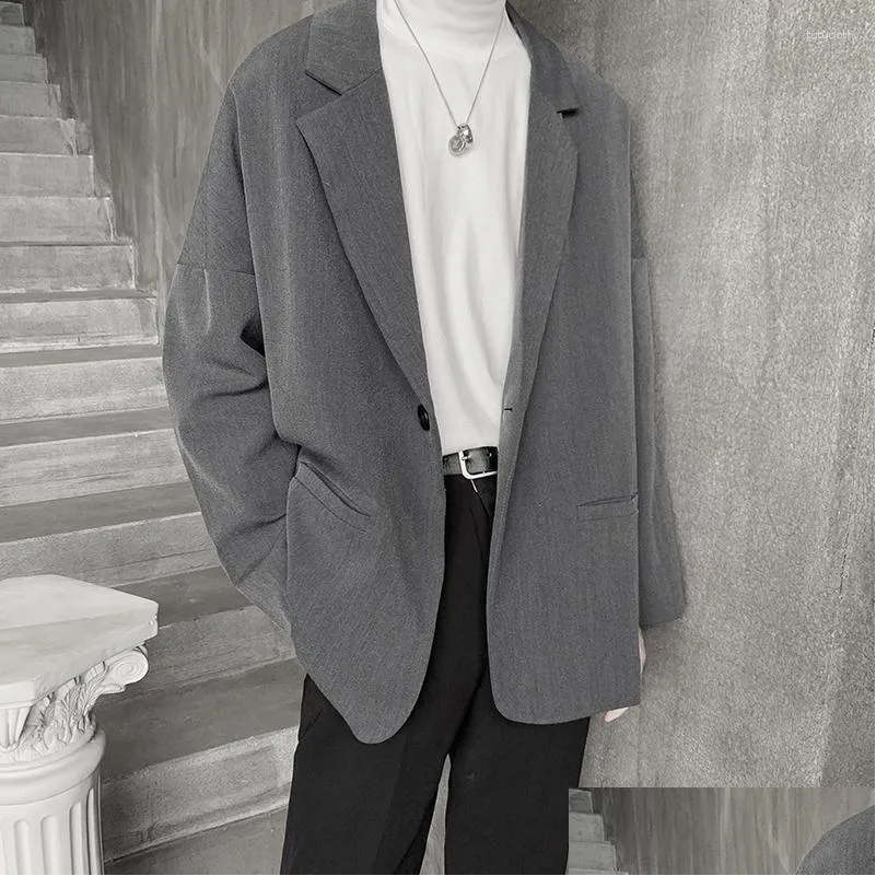 Mens Suits Blazers Men Spring Single Button Loose Pockets All-Match Trendy Casual Korean Style Retro Zzang Chic Tops Harajuku Drop Del Otxue