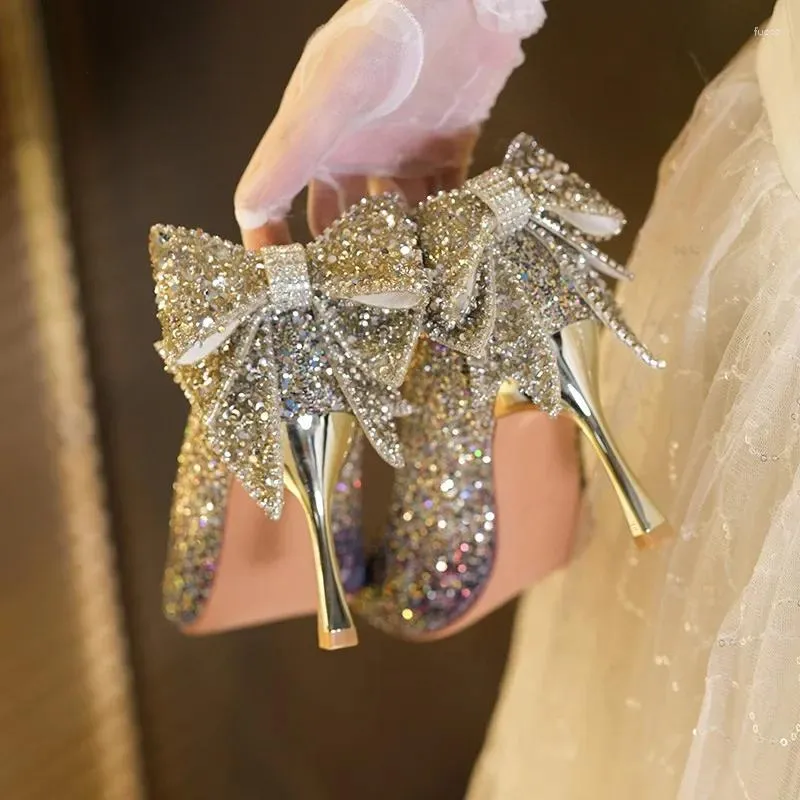 Dress Shoes Size 34-40 Bow Gradient Crystal Sequins Bride Wedding Women Gold Heels Stiletto Pumps