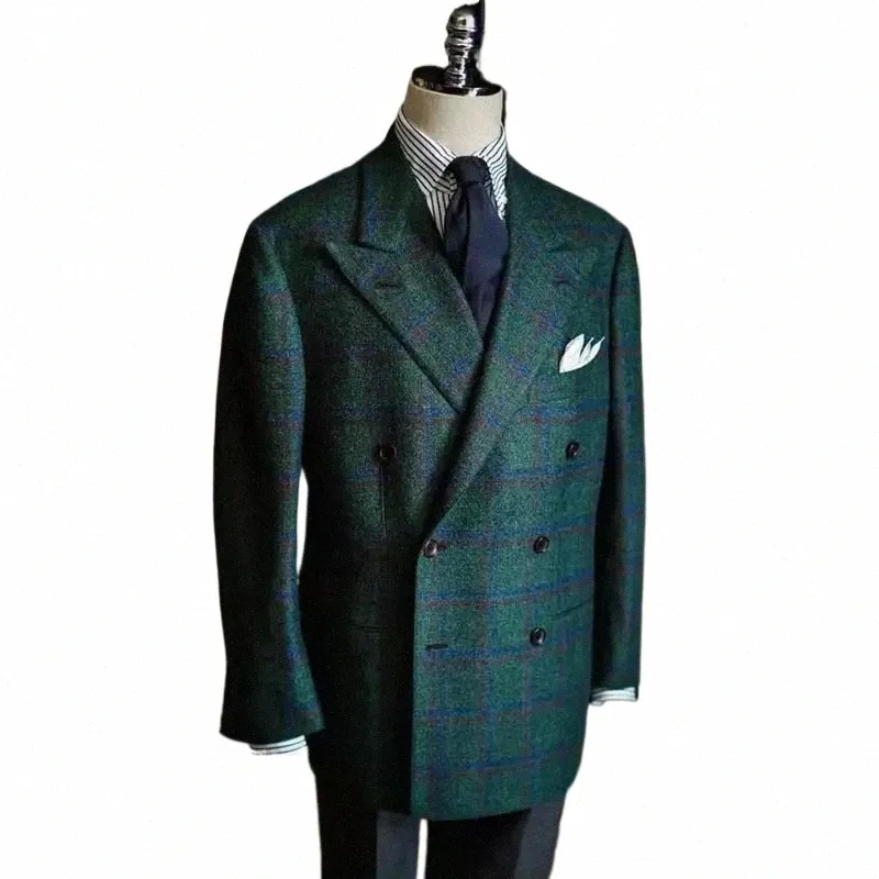 Groene Mannen Pak Op Maat Gemaakt 2 Stuks Blazer Grijze Broek Smoking Double Breasted Plaid Moderne Slim Fit Bruiloft Bruidegom Prom Tailored g29H #