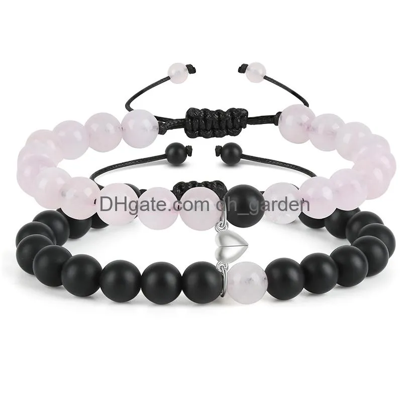 Perlé 2Pcs / Set Distance Magnétique Perle Bracelet Couple Amoureux De Coeur Minimaliste Correspondant Bracelets D'amitié Pour Les Femmes Drop Dhgarden Dhavr