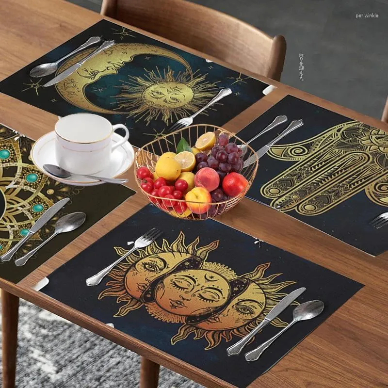 Placemats Mandala Zon En Maan Patroon Placemat Hippie Zwart Katoen Linnen 42X32 Nordic Western Cup Drink