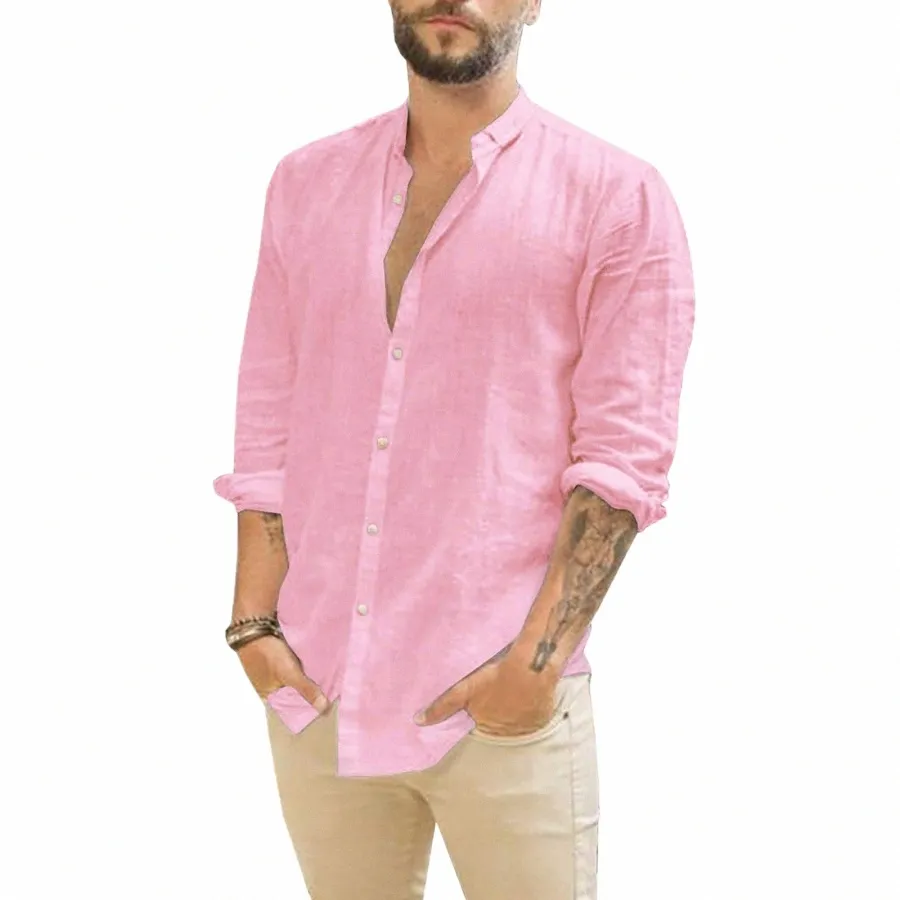 Blusa masculina cott camisa de linho solta lg manga camisa topos primavera outono cor sólida gola alta masculino casual 2023 novo o1zz #