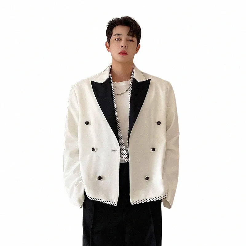 Erkekler Siyah Beyaz Ctrast Renk Ekleme Gevşek Sıradan Vintage Kısa Blazers Takım Ceket Erkek Niş Kore Su Takım Kadınlar U9SJ#