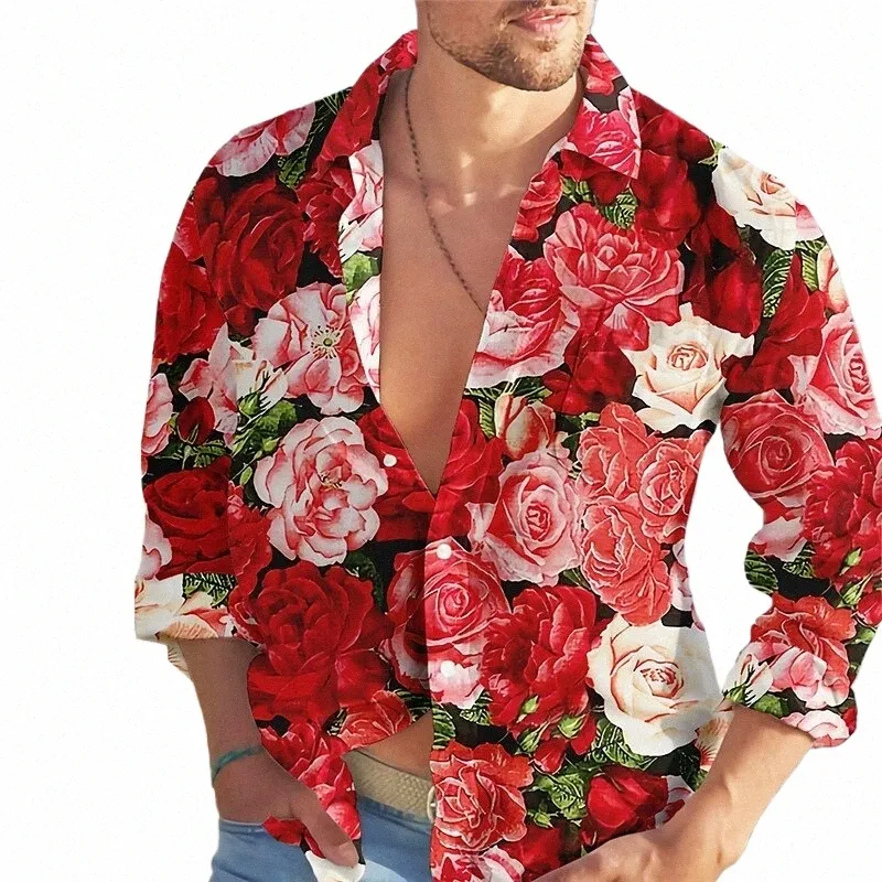 2023 Chemise pour hommes Fi Trend Rose FR Motif de couleur Graphiques HD Casual Outdoor Street Vêtements pour hommes Nouveau printemps et été Q8Gq #