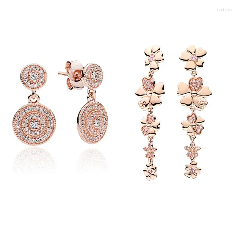 Boucles d'oreilles pendantes en zircone cubique scintillante, or Rose, fleur ronde pour femmes, Piercing, bijoux de luxe, cadeau d'anniversaire