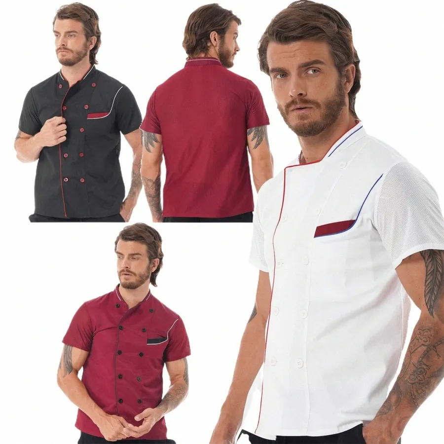 Veste de chef pour hommes à manches courtes Butt Chef Manteau Hôtel Restaurant Cuisine Chemise de travail Service alimentaire Vêtements Restauration Cook Uniforme 45iu #