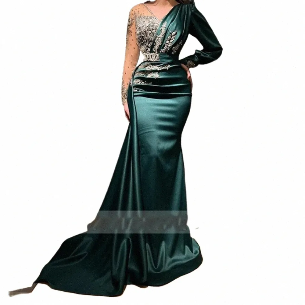 dark Geen Women's Satin Evening Dres With Pleated Lace Applique Arab Princ Dance Gowns Formal Fi Celebrity Party Robe C2wH#