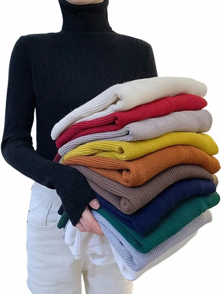 Zoki Nya 2023 Kvinnor Pullover Turtleneck tröja Autumn LG Sleeve Slim Elastic Korean Simple Basic Cheap Jumper Solid Color Top T5UQ#