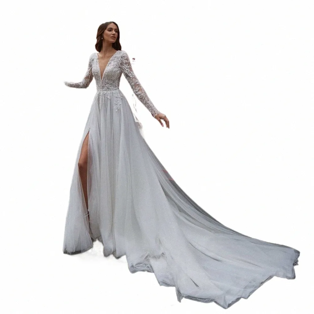 Aviana charmante robe De mariée ligne a col en v manches Lg dentelle Appliques robe De mariée haut côté fendu dos robe De Novia 85W4 #