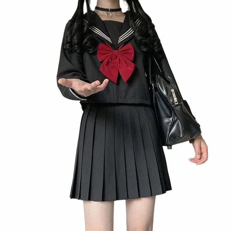 Японская школьная форма Костюм Sailor JK S-2XL Basic Carto Girl Navy Sailor Uniform Черные комплекты Темно-синий костюм Женская девушка j7E7 #