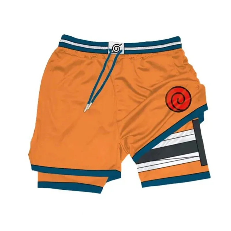 Män anime gym shorts 2 i 1 tvåskikt snabb torr körning korta byxor träning jogging prestanda sport shorts sommar 240313