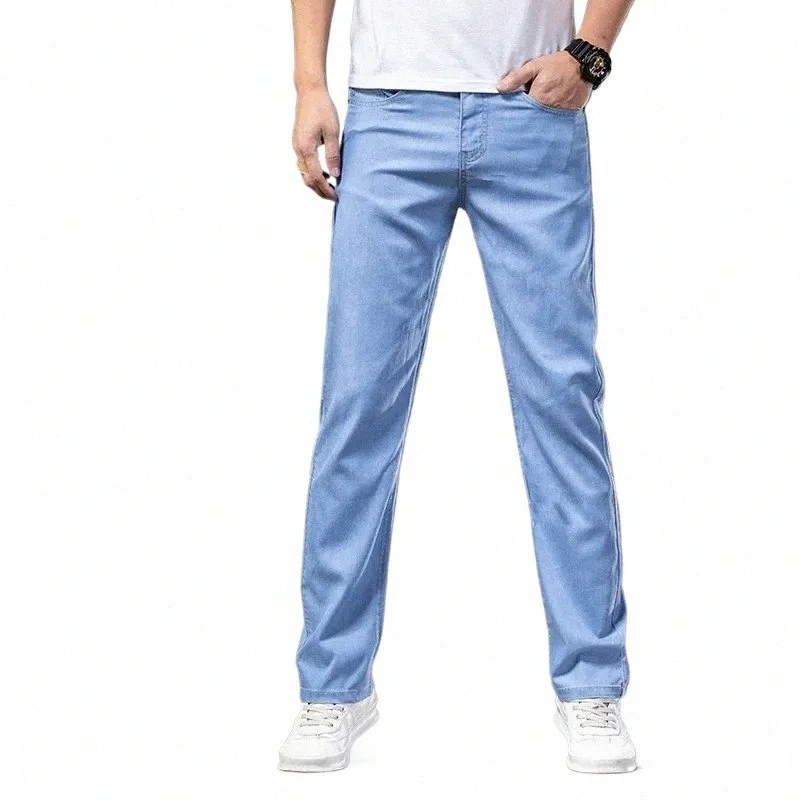 Baggy Jeans Vêtements pour hommes Été Ultra mince Lyocell Pantalon droit Fi Casual Busin Stretch Pantalon en denim doux Homme d1bi #