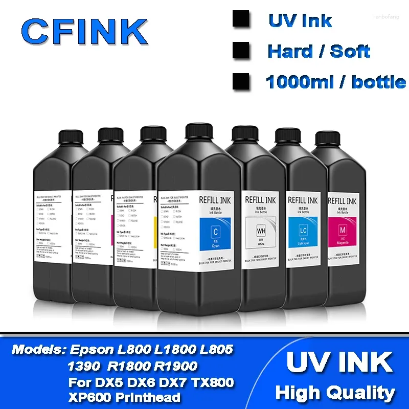 Kits de recarga de tinta 1000ml LED UV para impressora modificada 1390 L800 L1800 L805 R1800 R1900 DX4 DX5 DX6 DX7 DX10 TX800 XP600 Cabeçote de impressão