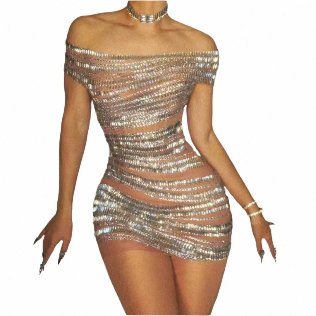 Sparkle Sier Rhineste Specuins Dr for Women ds DJ Gogo Dancer Singer Club Costume Sexy Drag outfit G1KV＃