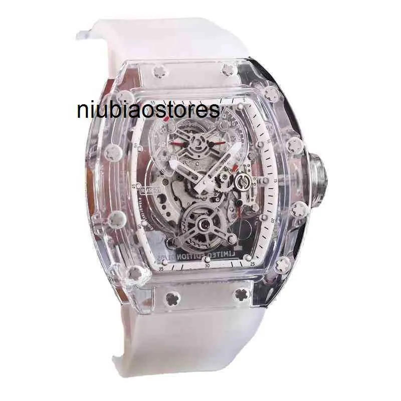 Reloj mecánico automático para hombre de plástico blanco Esqueleto Dial Día-fecha Fase lunar Cristal de zafiro Diseñador Relojes de pulsera impermeables Acero inoxidable completo de alta calidad