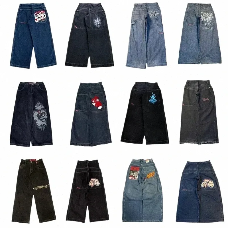 Harajuku JNCO Wide Leg Jeans Streetwear Hommes Y2K Rétro Hip Hop Haute Qualité Brodé Denim Pantalon Casual Baggy Pantalon Nouveau y8mR #