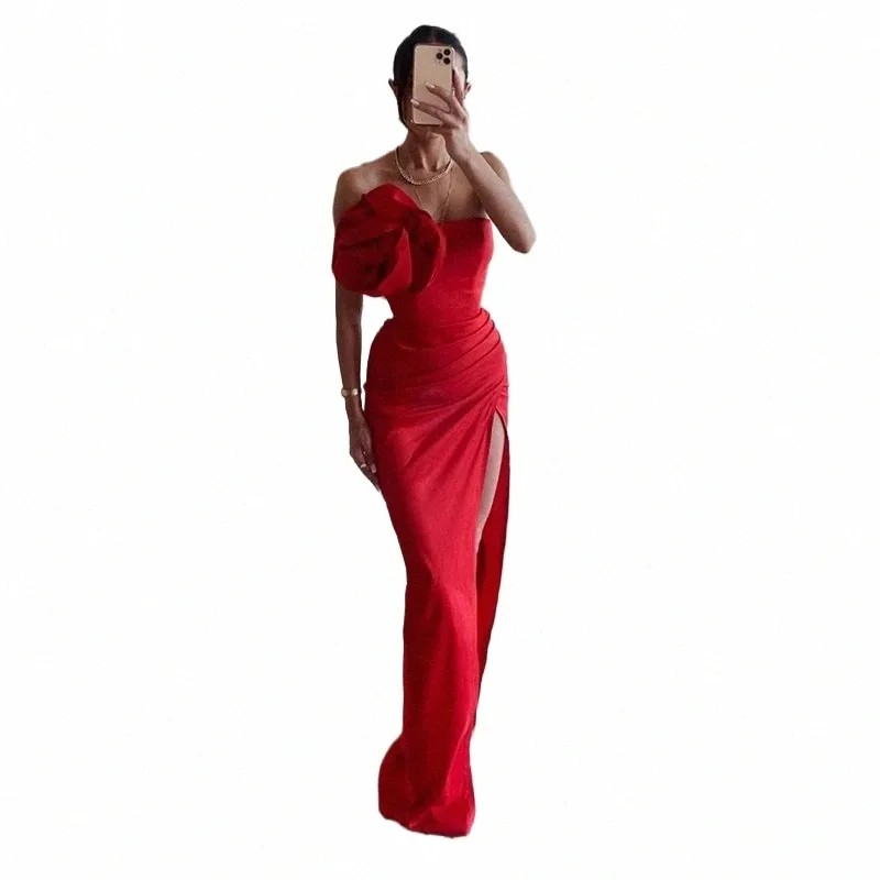 Oeing Red Strapl Mermaid Prom Dres Side Splited Pleated Evening Dr Special Ocn Gown with frs Vestidos de noche 06ut＃