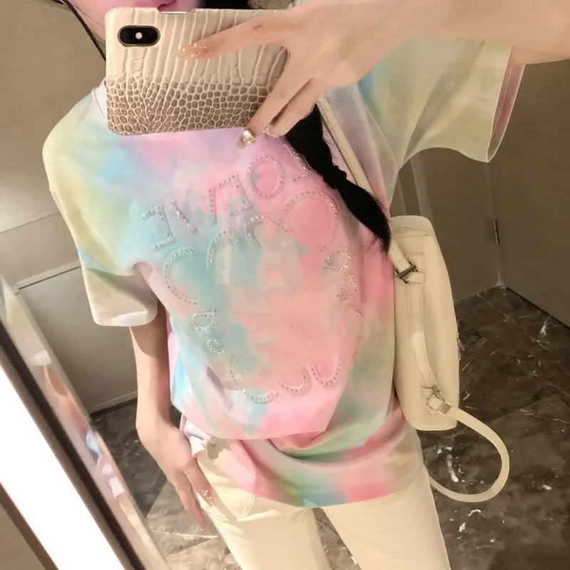Niche brand luoewee designer clothing custom tie-dye embossed high temperature drilling loose short-sleeve multi-color patchwork women's T-shirt