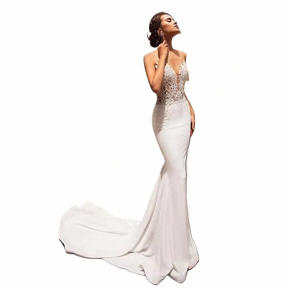sexy Mermaid Open Back Wedding Dres For Women 2023 V Neck Lace Appliqued Backl Beach Bridal Gowns White vestidos de novia q5BF#