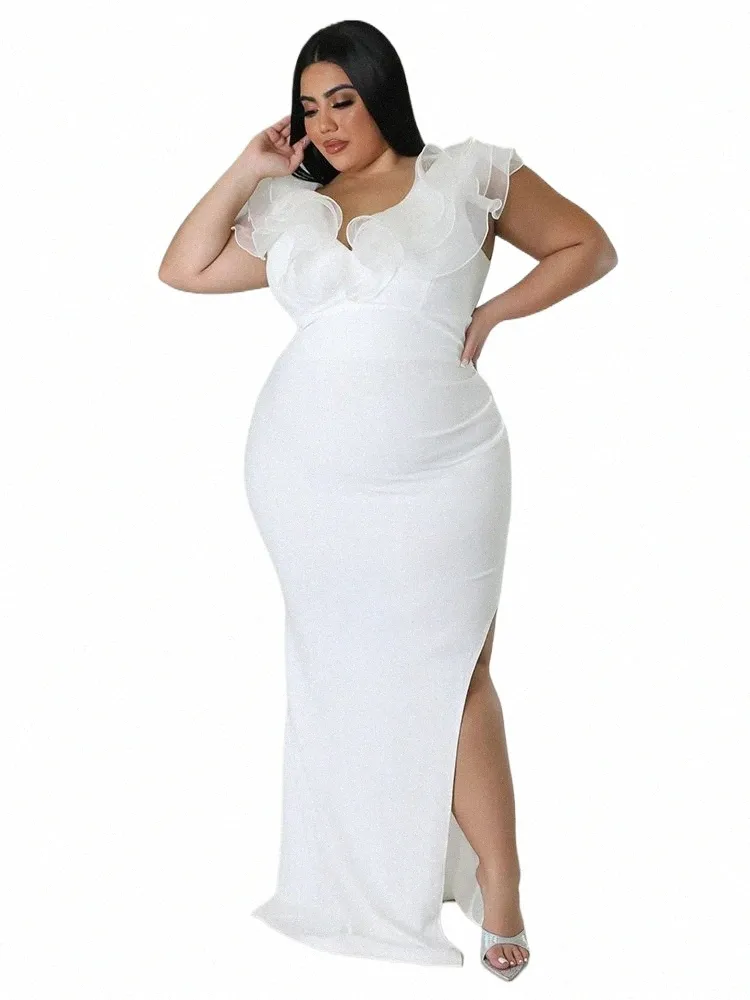 Plus Size V-Neck Dress with Ruffles, Sleeveless, High Waist, Bodycon,  Package Hip, Sexy Slit, Evening Cocktail Event Party Gown Outfit