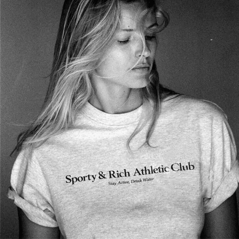 Sport gör dig hälsobrev som skriver ut amerikansk vintage stil grå t skjortor kvinnlig kort ärm lös bomull sommar casaul tees 240318