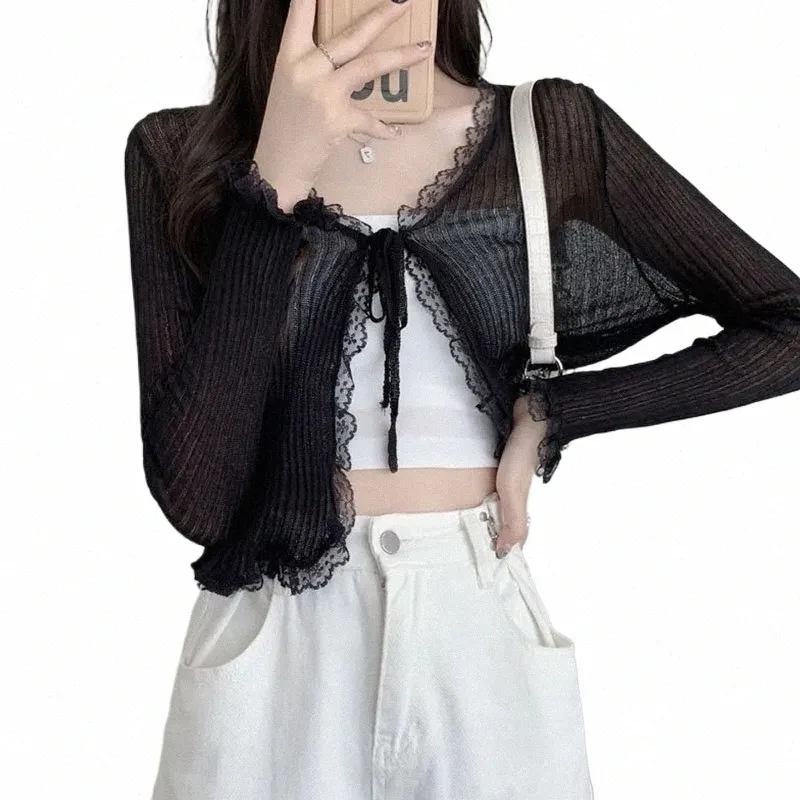 Sexy dentelle Patchwork crème solaire Cardigan pour femmes Style coréen à lacets noir mince tricoté hauts femme doux frais pull veste 70MF #
