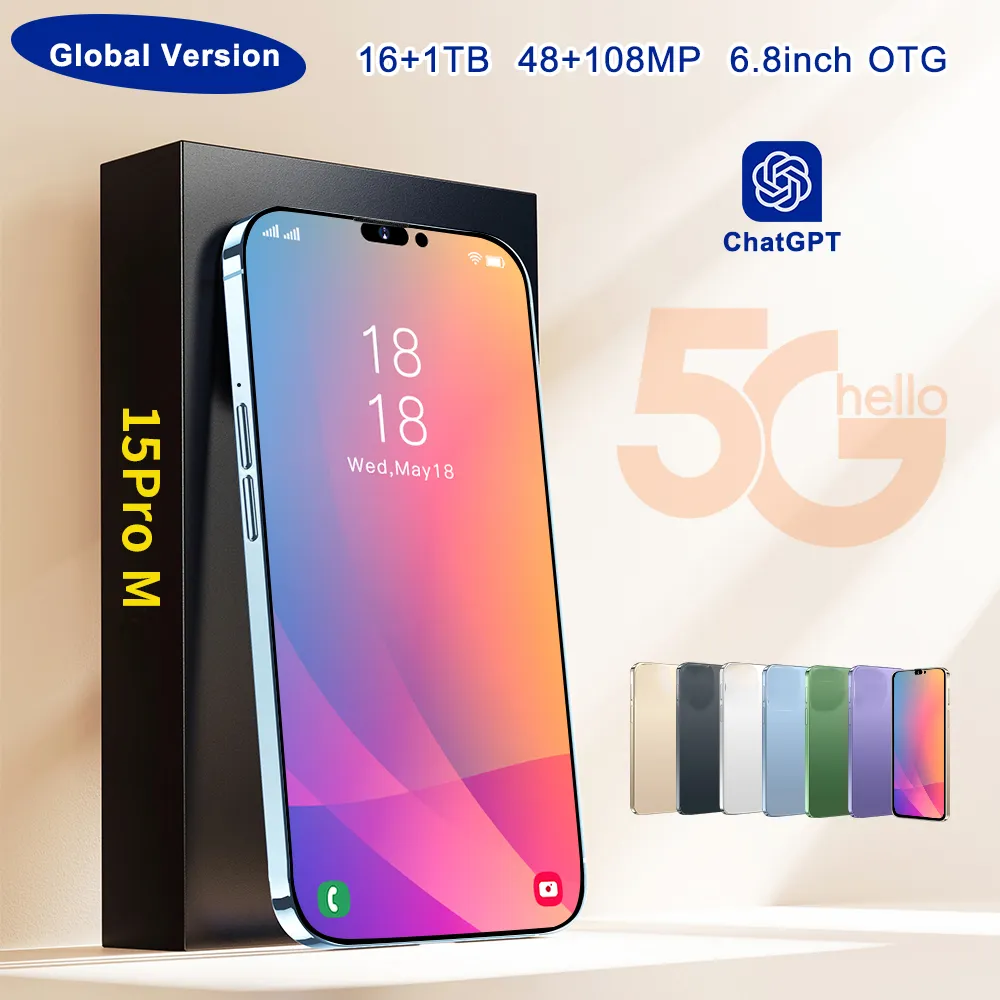 I15 Pro Max mobiele telefoons 6,7 inch Smartphone 4G LTE 5G Smartphones 16 GB RAM 1TB Camera 48MP 108MP Face ID GPS Octa Core Android Mobiele telefoon Groene Tag verzegeld Doos