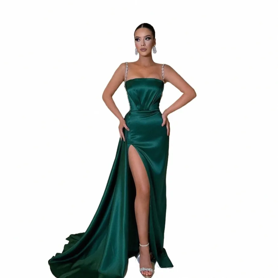 aleeshuo Hunter Green Satin Mermaid Evening Dr Beading Glitter Spaghetti Straps Party Dr High Side Split Cocktail Gowns u3A5#