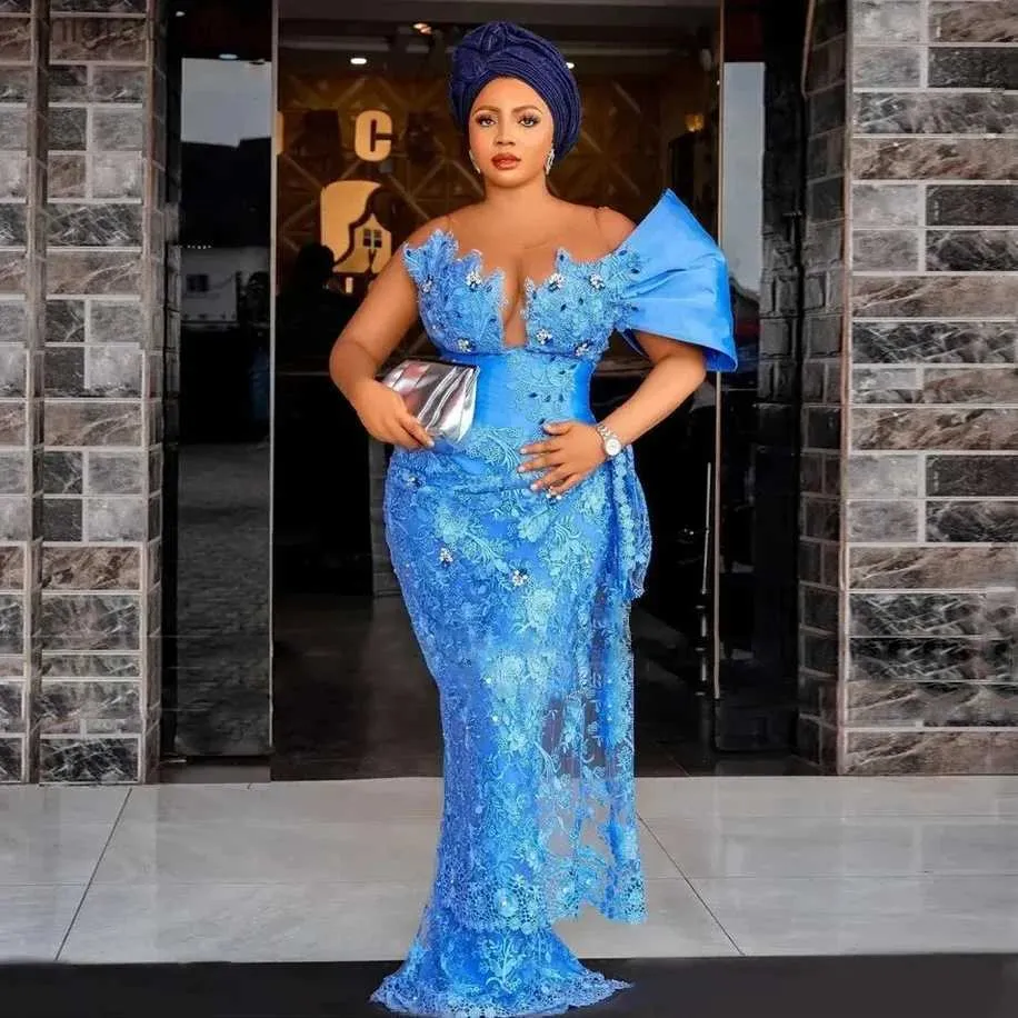 Elegant Blue Lace Evening Gown One Shoulder Aso Ebi Style