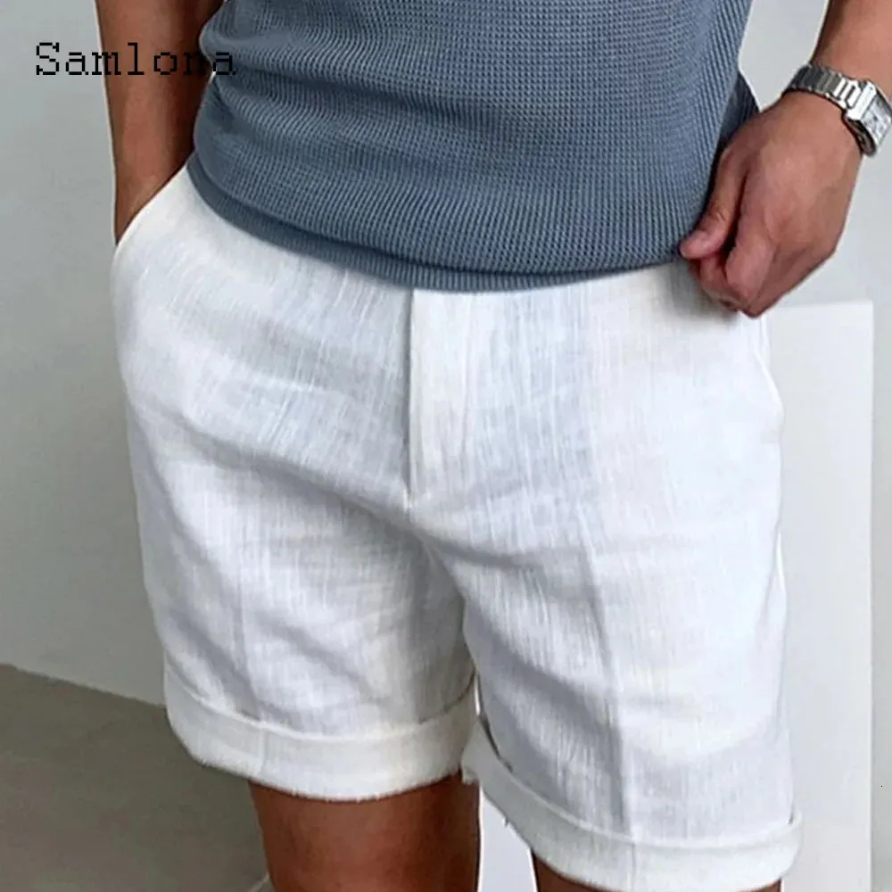 Herren Vintage Boho Baumwoll-Leinen-Shorts im europäischen Stil, lässige Strand-Shorts, Crosspant, einfarbig, weiß, Khaki, Kordelzughose 240329