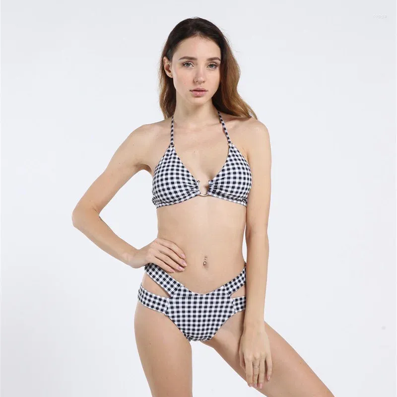 Mulheres Swimwear Impressão Digital Cintura Alta Biquíni Europeu e Americano Sexy Split Swimsuit Mulheres Mini Xadrez