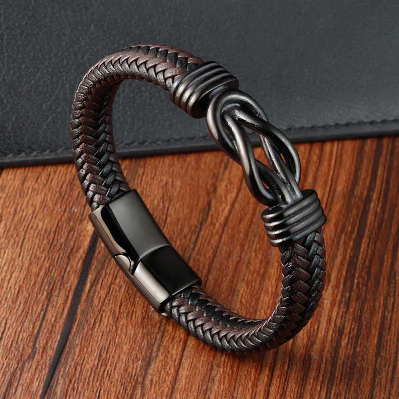 Bracelet en cuir infini à 8 caractères bracelet tissé à la main bracelet en cuir véritable tissé pour homme en acier inoxydable L22356