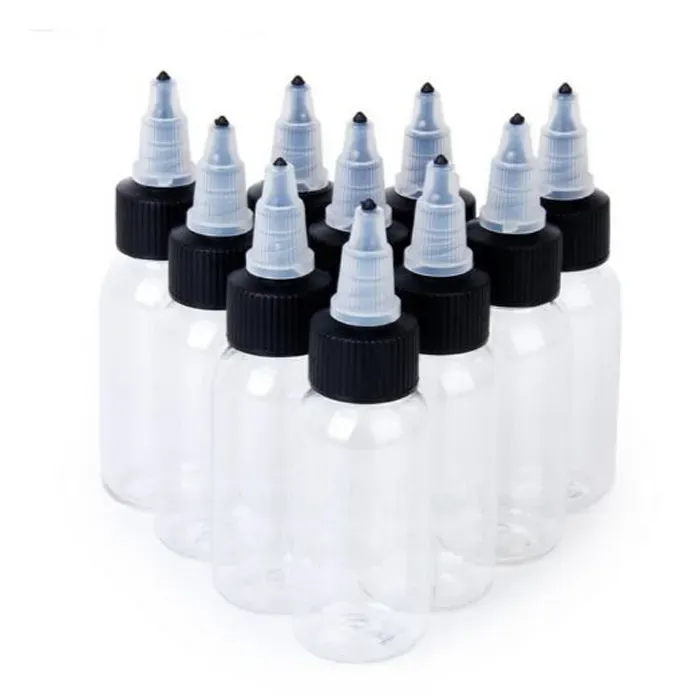 Mais novo frasco conta-gotas de plástico 60ml PET caneta forma garrafas de bico com torção preta fora tampas para suco líquido E Cig frete grátis DHL LL