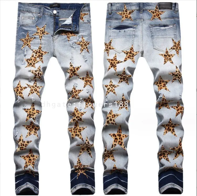 Jeans maschile sourcing transfrontaliero europeo e americano ricamato jeans strappato star trendy leopard leopard slet stretch pantaloni magri