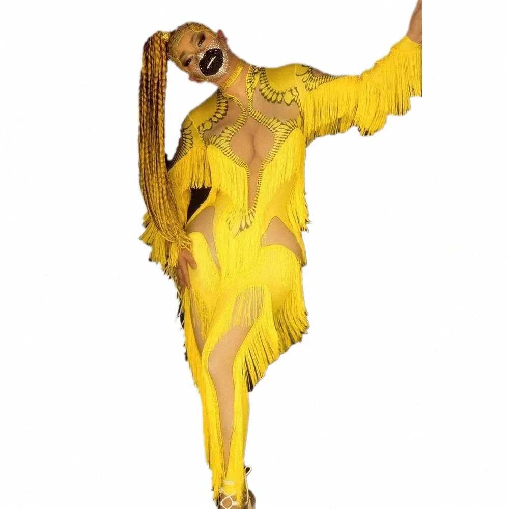 Yellow Tassel Jumpsuit Sexy Long Sleeve Rave Outfit, Party