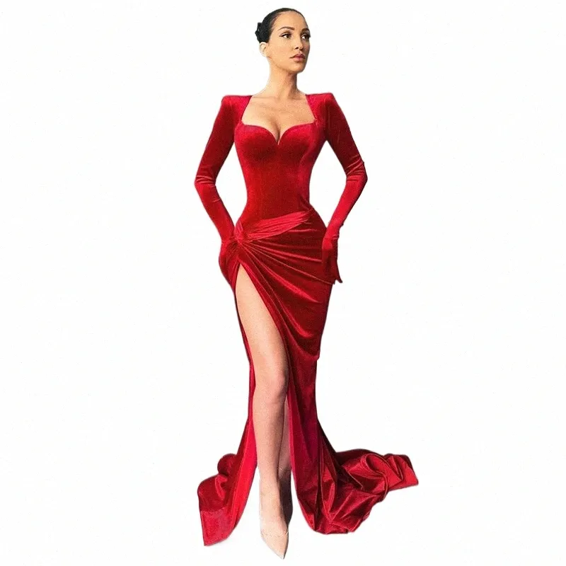 Gacvga Élégant Lg Dr Soirée Robe Tenues Femmes Gants Manches Rouge Veet Sexy Fente Maxi Dres Demoiselle D'honneur Robes E7JJ #