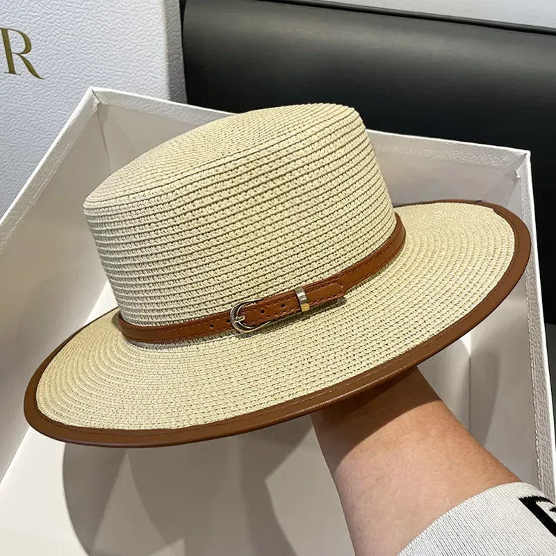 Women`s Flat Top Sun Hat Women Fashion Wide Brim Straw Hats Woman Beach Sun Protection Cap Summer Travel Caps