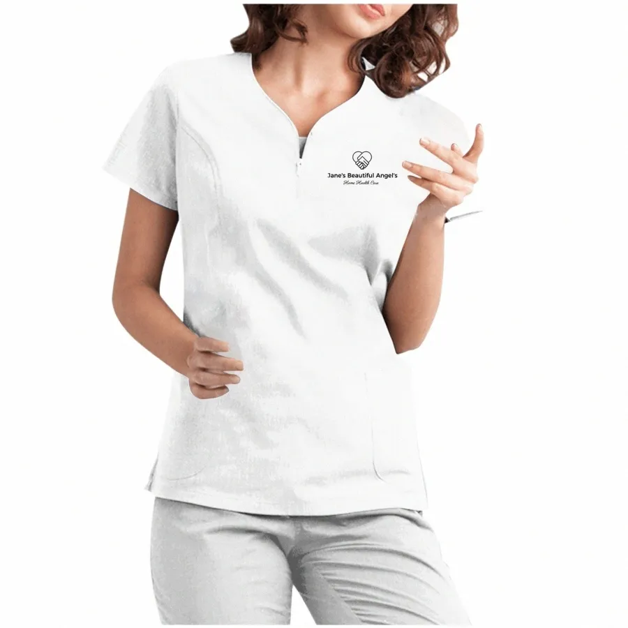 Enfermeira de saúde Túnica Mulheres Sólidos Bolso Scrub Tops Blusa de Manga Curta Beleza Sal Macacões Carer Uniformes Para Mulheres o7LB #