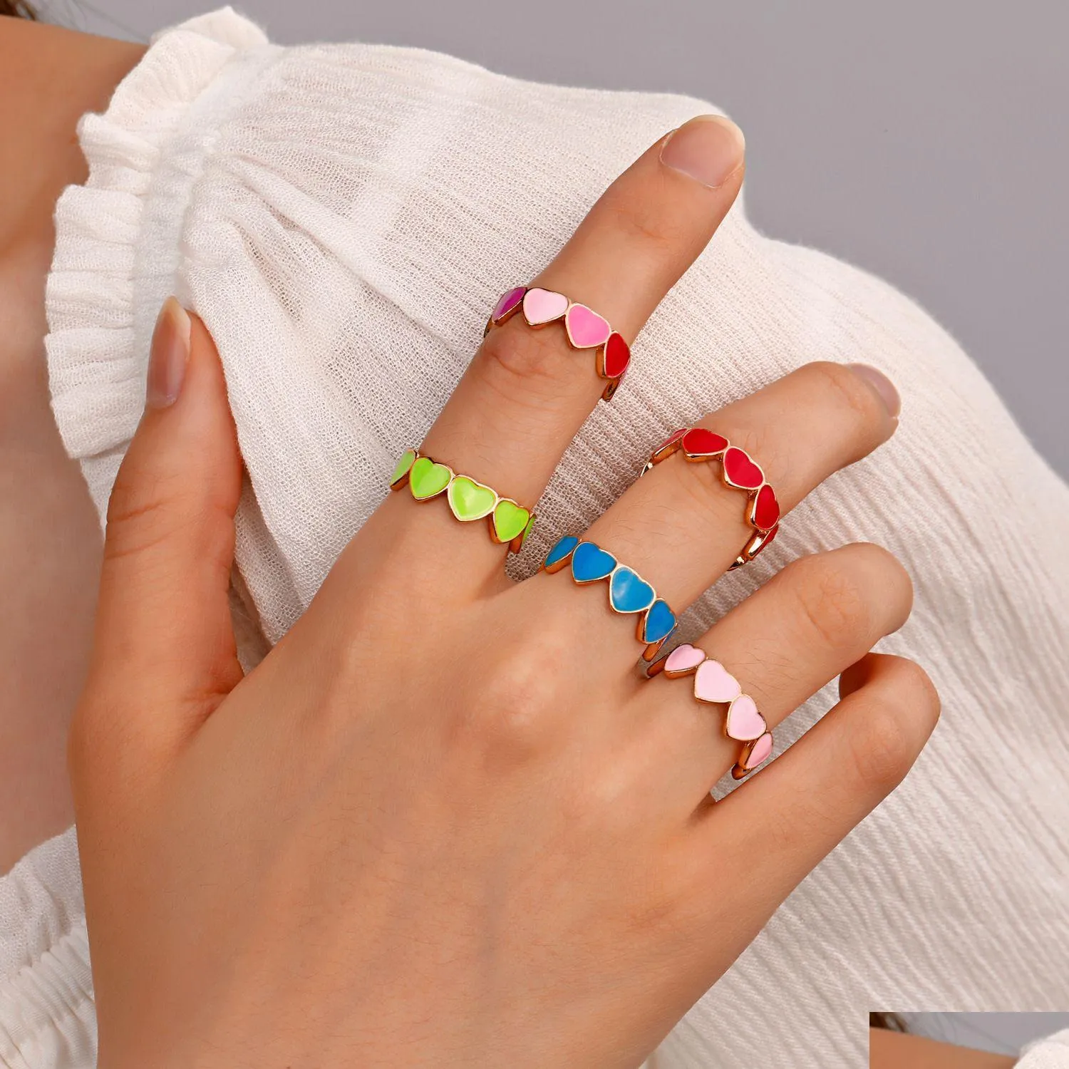 Anéis de banda moda coreana doce doce cor meninas vermelho rosa esmaltado amor coração tamanho anel de dedo mulheres jóias femininas drop entrega dh53w