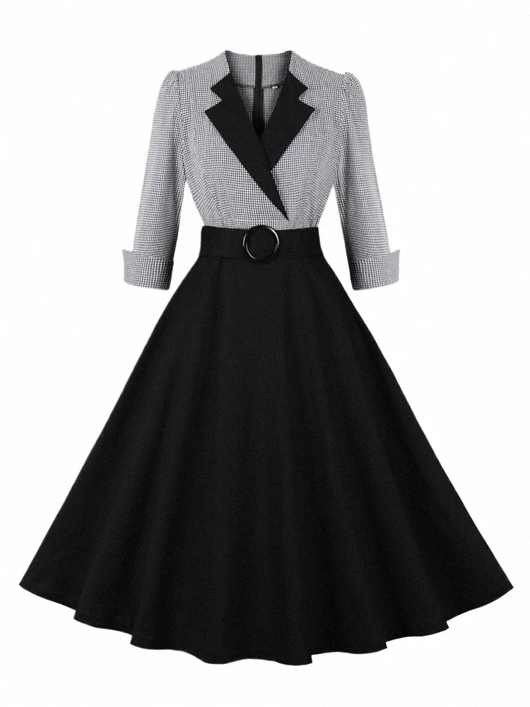 Tval PlaidとBlack Elegant Ladies Rockabilly Cott Dres Notched Collar 3/4 Sleeve Autumn Winter Women Vintage Dr Z7ll＃