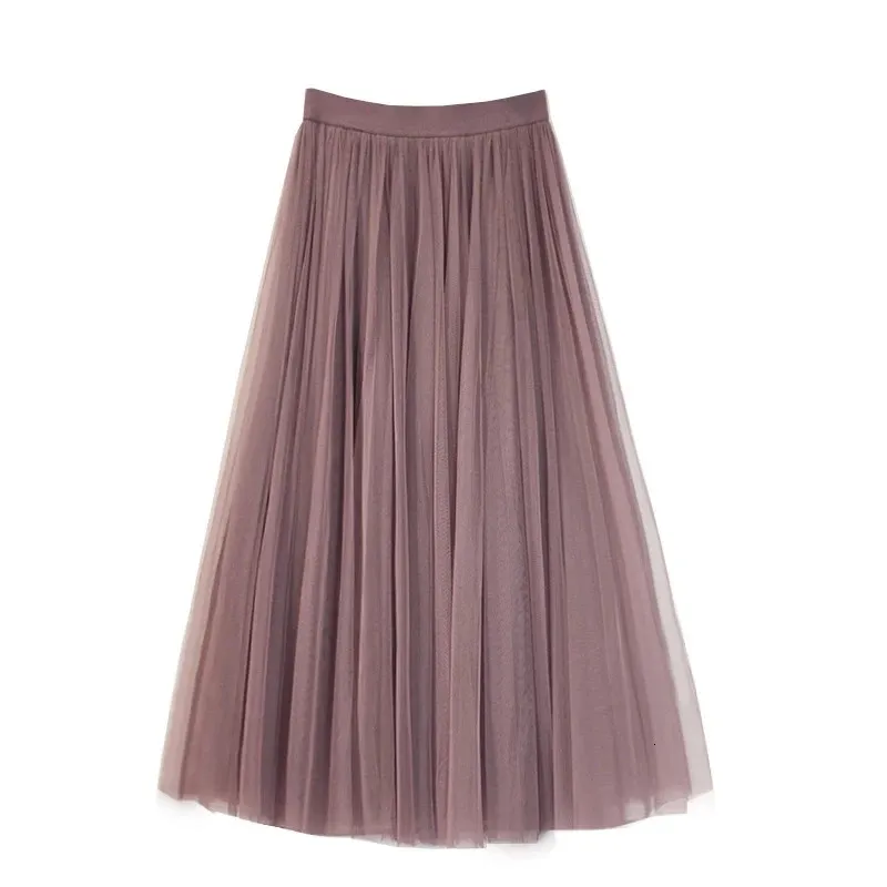 High Waist Women Long Mesh Maxi Skirt Slim A line Pleated 3 Layer Party Princess Casual Femme Festival 240326