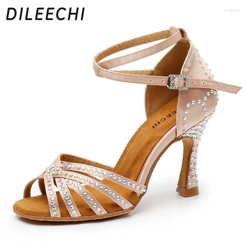 Chaussures de danse DILEECHI Jazz Latin femme Salsa fille décontracté peau Bronze strass Satin salle de bal danse