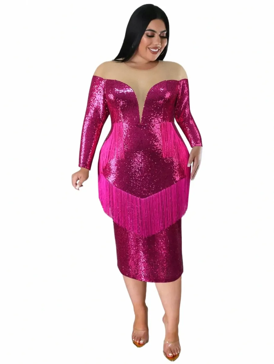 プラスサイズのフリンジスパンコールドレス女性セクシーなシールスルーチュールパッチワークラグジュアリーイブニングカクテルパーティーイベントミディ衣装3xl 4xl i4sp＃