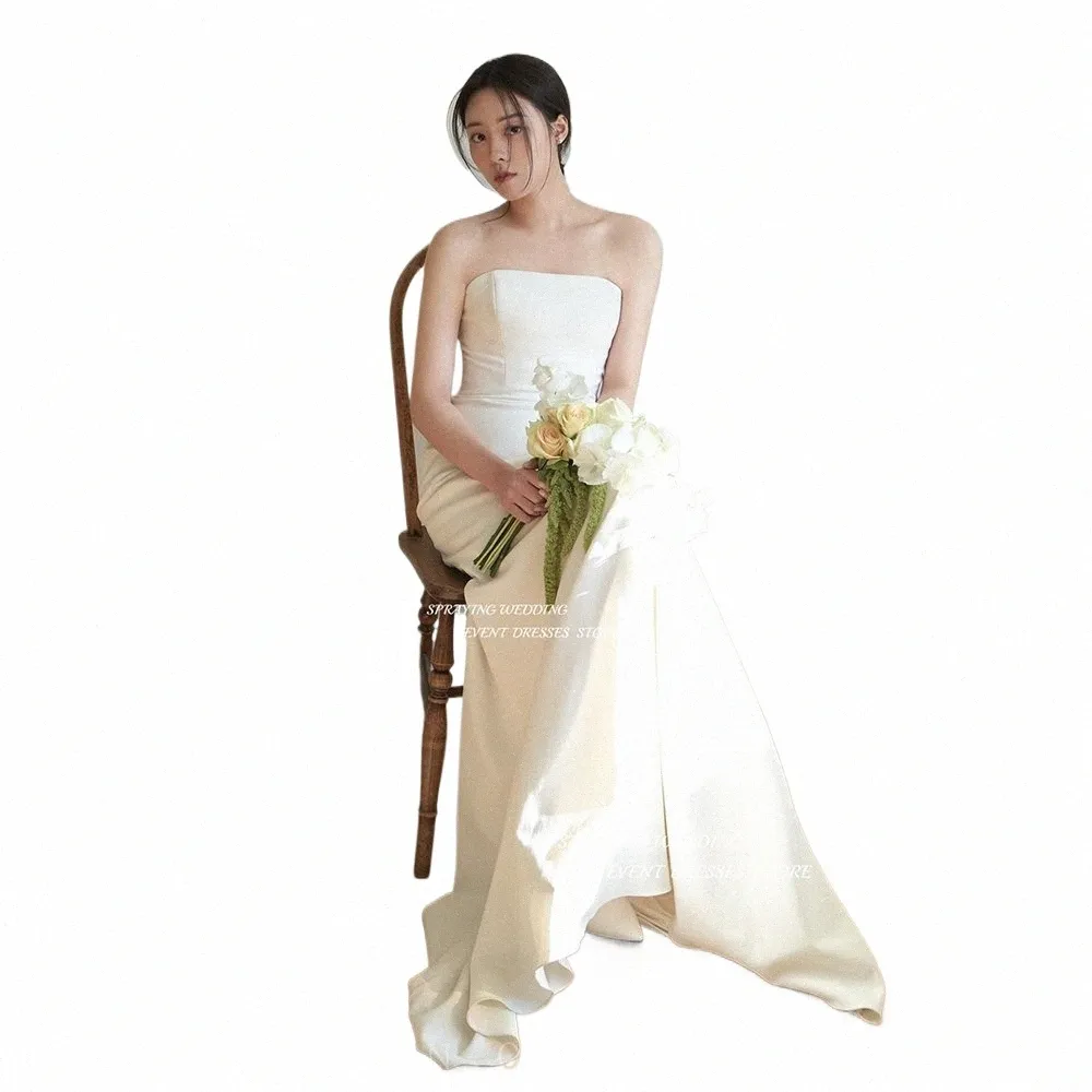 spraying Simple Korea Strapl Mermaid Wedding Dr Photo Shoot Strapl Sleevel Floor Length Bridal Dres Custom Made 68WU#