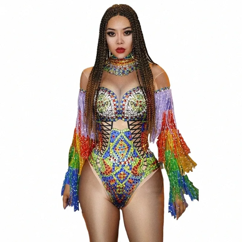 flerfärgade strass Tassel Sleeve Bodysuit Women Singer Bar Sexig Dance Costum Club Party Crystals Fringe Leotard Stage Wear A7KW#