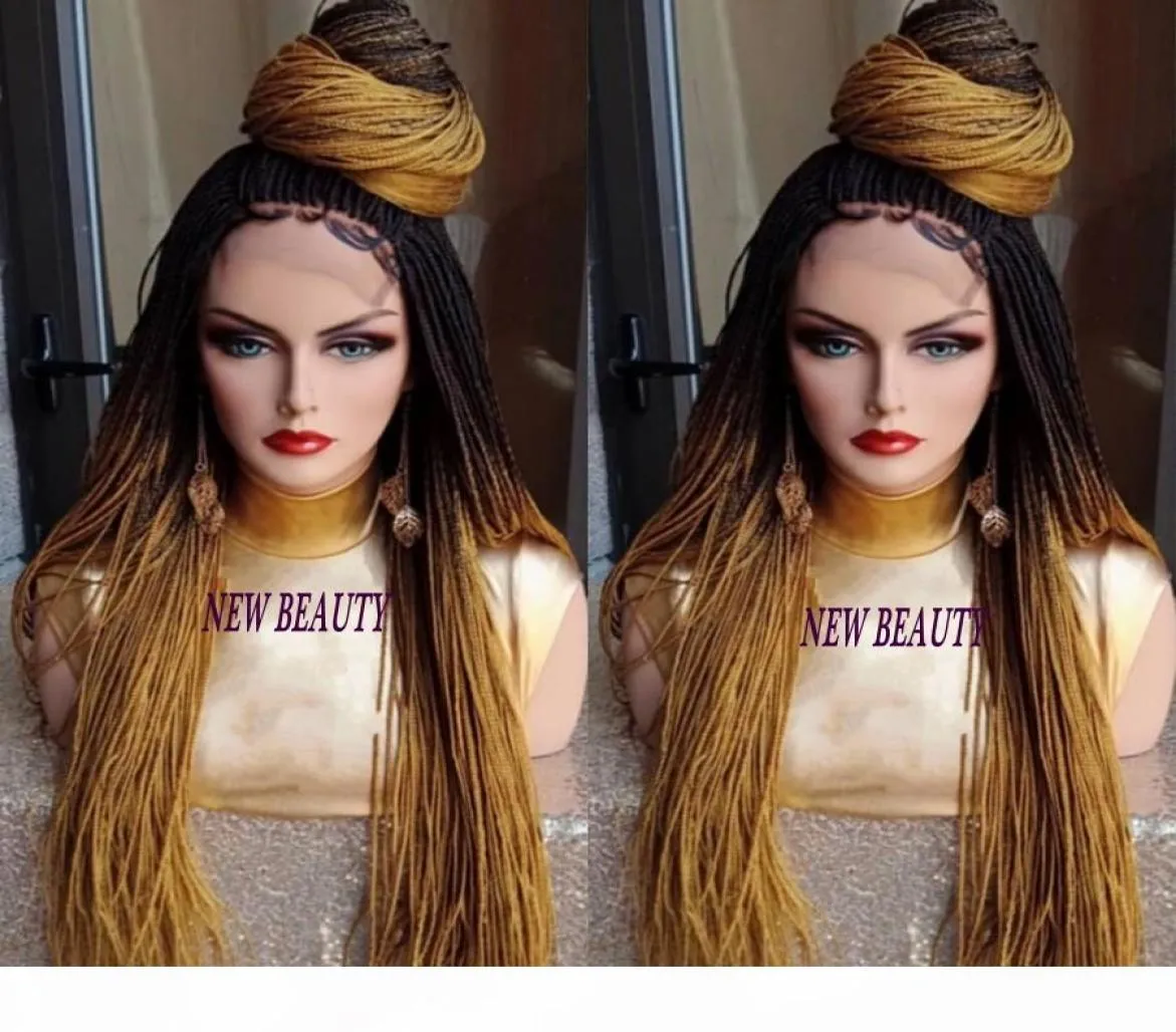 2019 New Style Ombre Light Brown micro Braided Wigs with Baby Hair Long Braids Wigs Glueless Synthetic Lace Front Wig for Black Wo9932070