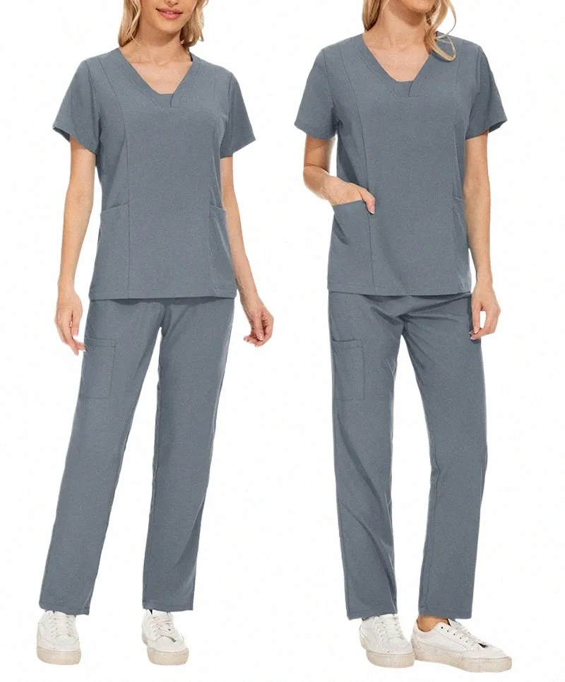 Logo d'impression personnalisé Uniforme Scrubs Sal Set Infirmière de beauté Travailleur à manches courtes Tops personnalisés Pantalons de travail médicaux Costume Outfit 21cO #